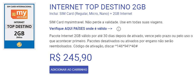 Pacote de chip e internet para a América do Sul