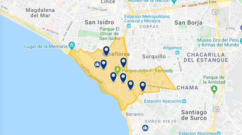 Mapa do bairro de Miraflores em Lima no Peru